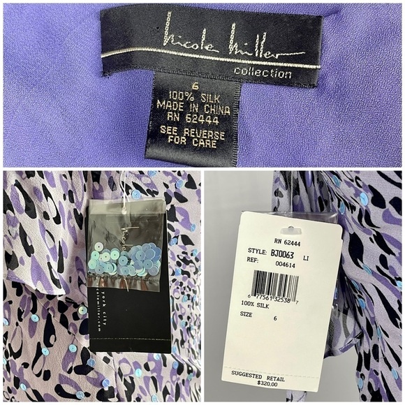 NICOLE MILLER 100% SILK ABSTRACT LEOPARD SEQUIN RUFFLE SPAGHETTI STRAP GOWN - Picture 15 of 17